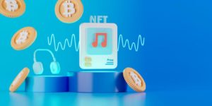 3d rendering concept NFT or non fungible token for music. Headphone with bitcoin and sound wave on l