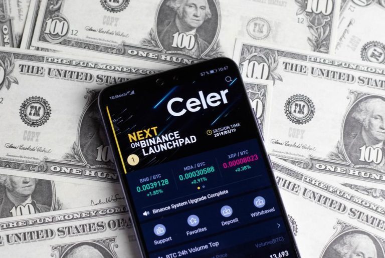 Binance Cryptocurrency trading App - a cell phone with the cer app on it